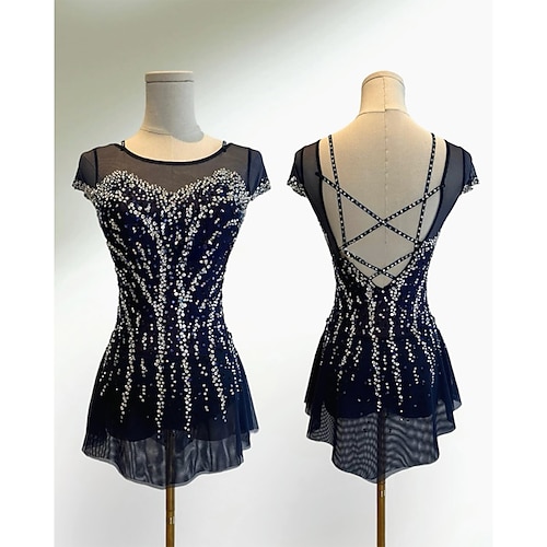 Eiskunstlaufkleid Damen Mädchen Eislaufen Kleid Schwarz Patchwork Asymmetrischer Saum Spandex Netzstoff Hohe Elastizität Training Wettbewerb Eiskunstlaufkleidung Klassisch Kristall / Strass Kurzarm Image