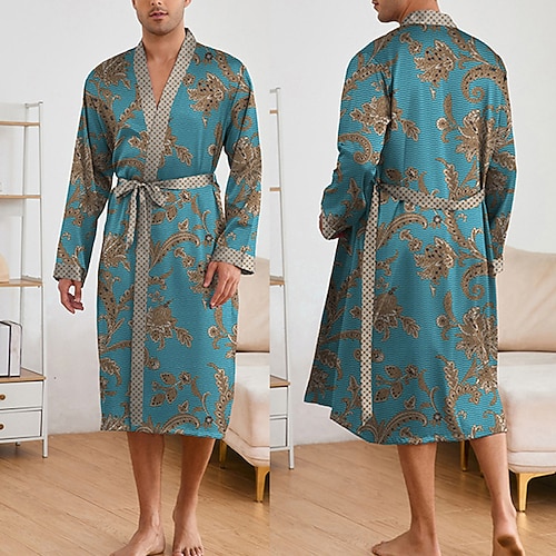 Herren Schlafanzug Seidenrobe Nachtwäsche Schlafanzug Set 1 Set Grafikdrucke Mode Stilvoll Klassisch Heim Täglich Bett Polyester Komfort Weich V Ausschnitt Langarm Gürtel inbegriffen Frühling Herbst Image