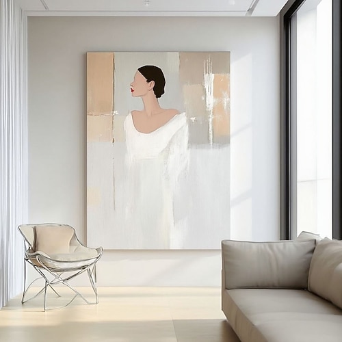 Handgemaltes, großes abstraktes Ölgemälde auf Leinwand: Tänzerin in Weiß, handgemaltes Kunstwerk mit beiger Textur, elegantes Mädchen im weißen Kleid, Wandkunstbild Image
