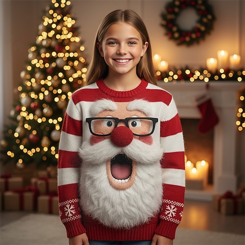 Weihnachten Mädchen 3D Weihnachtsmann Gestreift hässlicher Weihnachtspullover Weihnachtsgeschenk Pullover Langarm 3D-Druck Herbst Winter Mode Party Kinder 4-12 Jahre Rundhalsausschnitt Outdoor Täglich Image