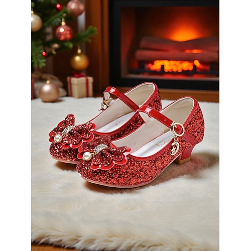 Pinke Glitzer-Mary-Jane-Schuhe für Kinder mit Schleife – perfekt für Weihnachtsfeiern und andere festliche Anlässe. Image