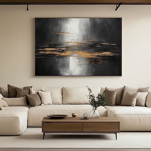 Ölgemälde, Weihnachtsgeschenk, handgemaltes abstraktes Gemälde in Schwarz und Gold, minimalistische Wandkunst, moderne abstrakte Wanddekoration, minimalistisches Kunstwerk für Wohnzimmer und Image