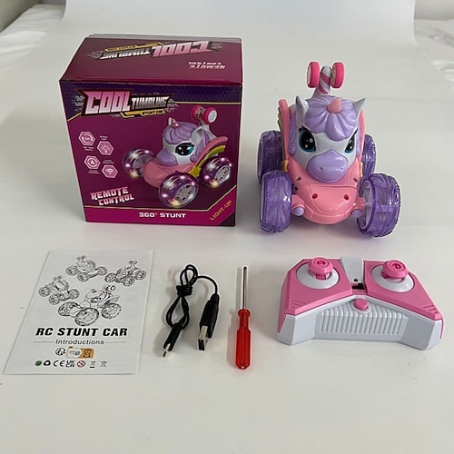 Pinkes Einhorn-Stunt-RC-Auto mit LED-beleuchteten Rädern – ferngesteuerte Überschläge Drehfahrzeug für Mädchen Image