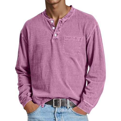 Herren Henley Hemd Hemd aus 100 % Baumwolle in Säurewaschung T-Shirt Langarm Einfach Vintage Retro Vintage Lässig Vintage-Stil Gewaschen Henley Lässig Frühling Herbst Ganzjahres Schwarz Rosa Grau Image