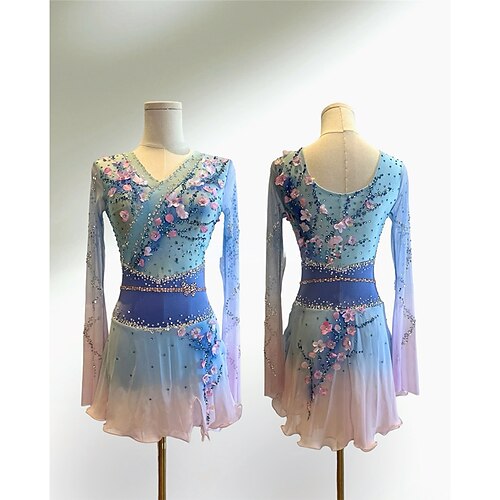 Eiskunstlaufkleid Damen Mädchen Eislaufen Kleid Himmelblau Patchwork Halo-Färbung Spandex Netzstoff Hohe Elastizität Training Wettbewerb Eiskunstlaufkleidung Klassisch Kristall / Strass Langarm Image