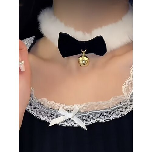 Weihnachtliches Samt-Choker für Damen mit Schleife, Kunstpelz und goldenem Glöckchen, festlicher Schmuck für Weihnachtsfeiern und Winterfeste Image