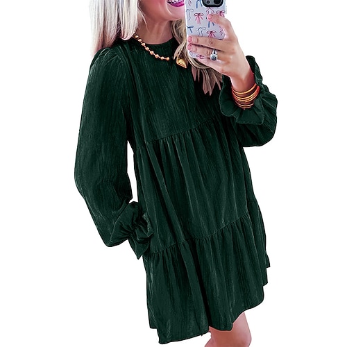 Damen Minikleid Samtkleid Schößchen Kleider Mode Modern Täglich Ausgehen Wochenende Lässiger Schnitt Einfach Langarm Rundhalsausschnitt Schwarz Grün Khaki Rosenrot Frühling Herbst Winter Image