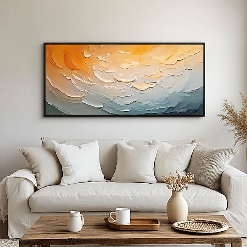 Handgemalte Wandkunst, modernes abstraktes Ölgemälde, handgemaltes Meeres-Sonnenuntergangs-Landschaftsbild, abstrakte Malerei von Sonnenschein, Himmel und Meer Image