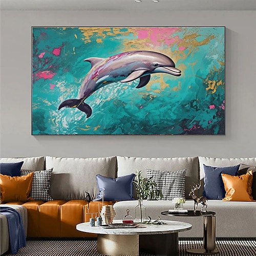 Handgemaltes abstraktes Delfin-Ölgemälde auf Leinwand, große Formate, Wandbild-Poster, Tier-Wohndekoration, Geschenkidee für Delfinliebhaber Image