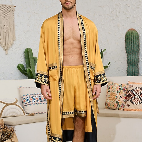 Herren Schlafanzug Seidenrobe Nachtwäsche Bademantel Grafikdrucke Mode Stilvoll Klassisch Heim Täglich Bett Polyester Komfort Weich V Ausschnitt Langarm Gürtel inbegriffen Frühling Herbst Schwarz Weiß Image