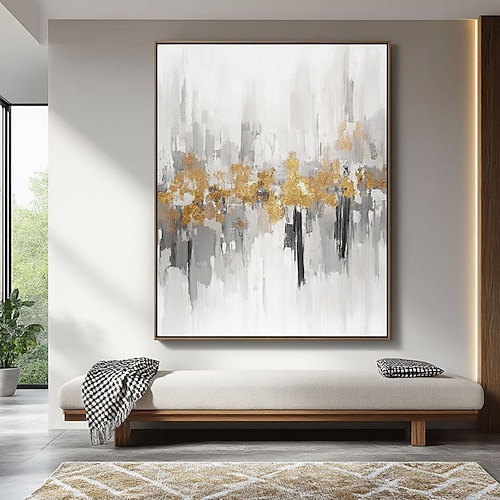 Abstraktes Gemälde mit Blattgold auf Leinwand, moderne Luxus-Wandkunst, handgemalt, strukturiertes Kunstwerk in Grau und Metallic für zeitgenössische Wohndekoration Image