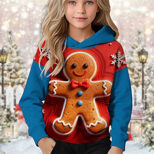 Weihnachten Mädchen 3D Grafik Schneeflocke Lebkuchenmänner Kapuzensweatshirt Langarm Herbst Winter Mode Niedlich Basic Kinder 4-12 Jahre Mit Kapuze Outdoor Lässig Täglich Normale Passform Image