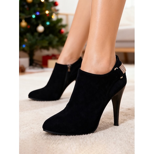 Rote Wildleder-Ankle-Boots für Damen – elegante, kurze Stiefeletten mit hohem Absatz, goldenem Reißverschluss und Strassriemen für Weihnachtsfeiern, festliche Abendessen oder winterliche Outfits Image