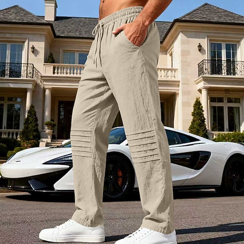 Herren Hose aus Baumwollleinen Hose Strandhose Kordelzug Tasche Elastischer Bund Einfach Komfort Atmungsaktiv Täglich Strand Urlaub Hawaiianisch Boho Armeegrün Khaki Image