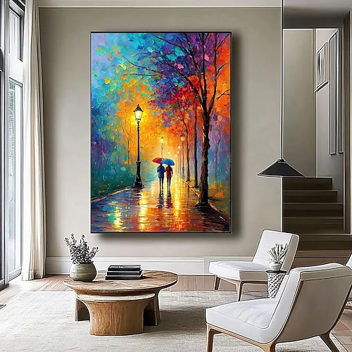 Weihnachtsgeschenk, handgemaltes Ölgemälde, farbenfroher Stadtspaziergang, Leinwandbild, romantisches Paar, abstrakte Leinwand, regnerische Straßenlaternen, Wanddekoration, moderne impressionistische Image