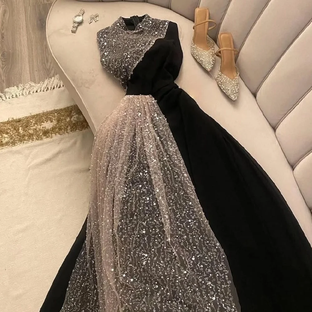 Customized Modern Style Jersey Sequined Pleat A-line High Collar Long Dresses Bespoke Occasion Evening Classic