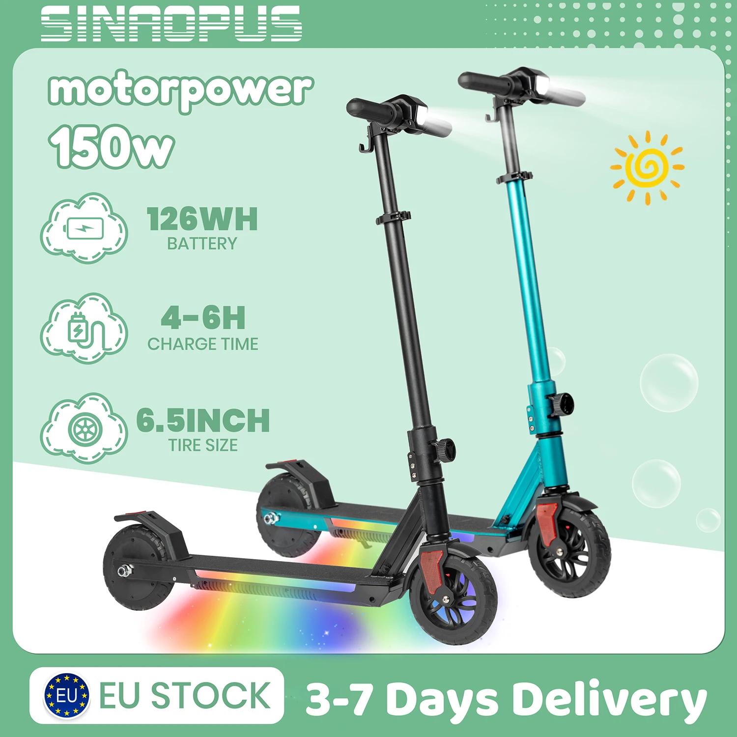 Scooter électrique pour enfants Sinaopus S31, Escooter pliable pour enfants de 6,5 pouces, moteur 150 W, voiture électrique à batterie 126 Wh pour 10 ans et plus, rapide