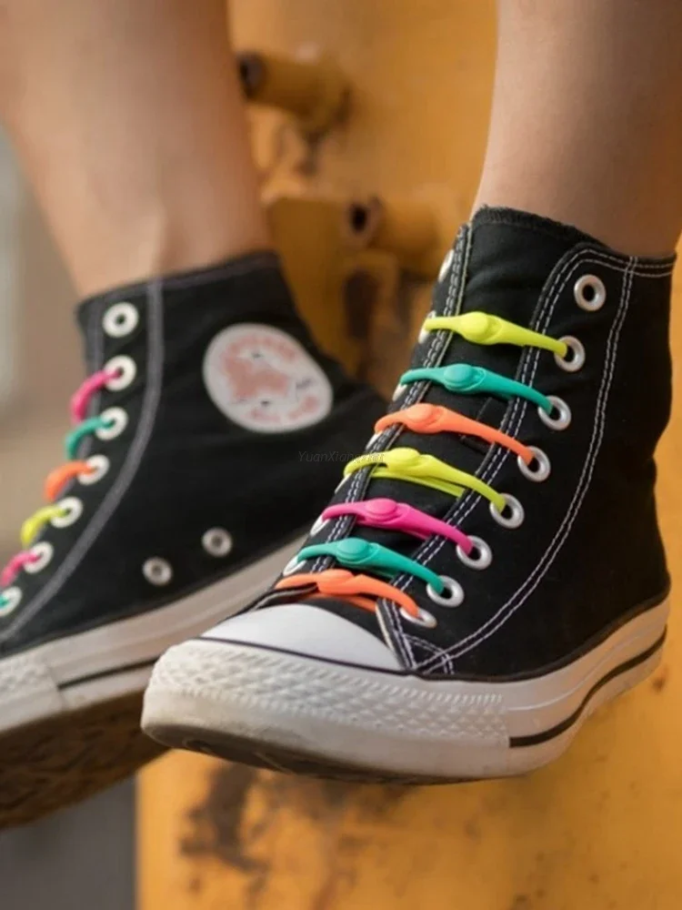 12 Stück flache Silikon-Schnürsenkel ohne Krawatte, elastische Schnürsenkel, Turnschuhe, Erwachsene, Kinder, faule Schnürsenkel für Schuhe, Gummi-Schnürsenkel Image