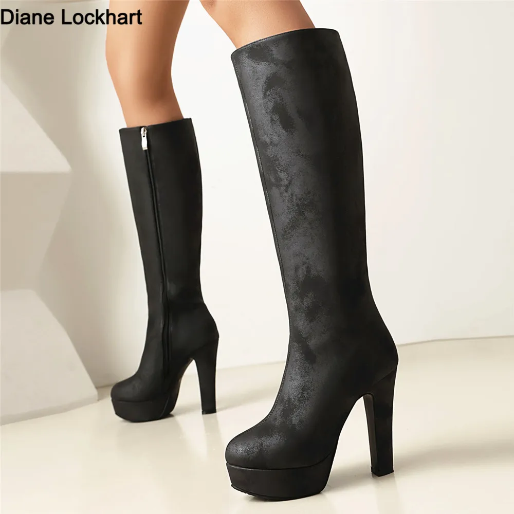 Mode Schlanke Kniehohe Stiefel Runde Kappe Zipper Frauen Schuhe Super Hohe Starke Ferse Stiefel Frauen Plattform Heels Dame Schuhe