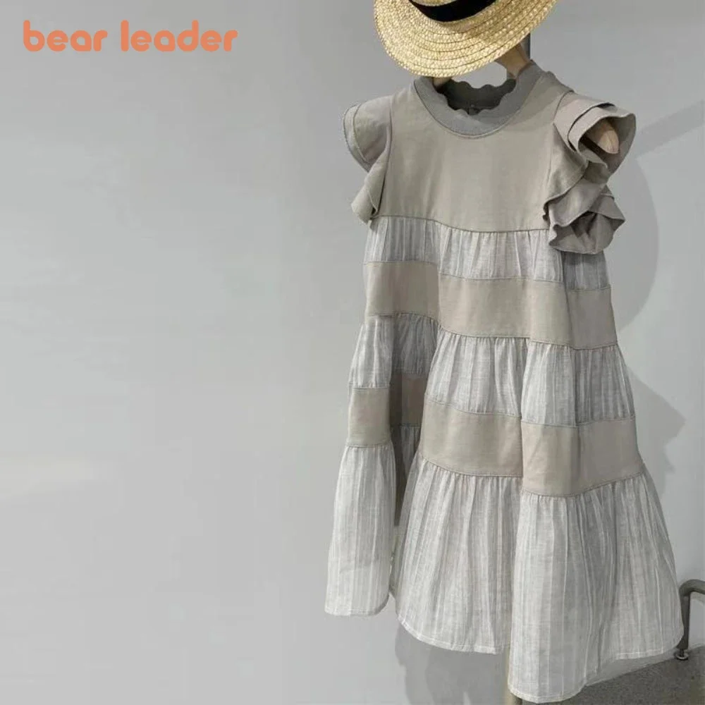 Bär Führer Koreanische Mode Einfarbig Mädchen Casual Kleider Sommer Grau Fliegende Ärmel Patchwork Kleid Ärmellose Kinder Tragen Image