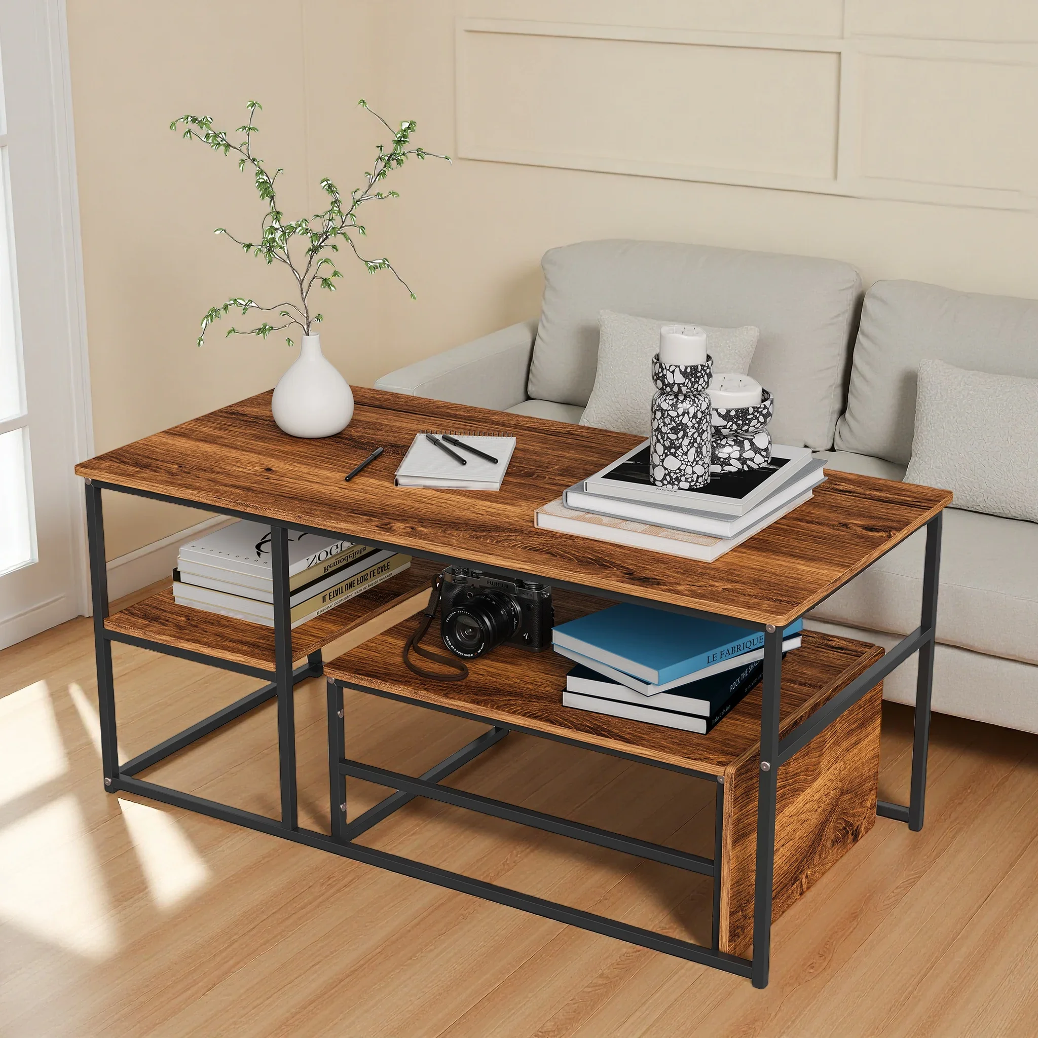 Rosahqnda Couchtisch-Set mit 2 Stück, Beistelltisch mit Metallrahmen, einfacher moderner Tisch für Wohnzimmertisch, Braun