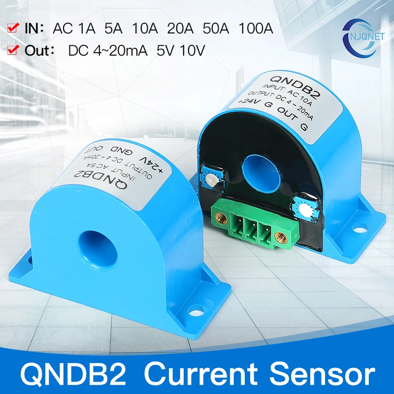 Trasmettitore di Corrente AC QNDB2 5A 10A 20A 50A 100A / DC 4-20mA, Precisione 0.5%, Trasduttore di Corrente a Effetto Hall 4-20mA