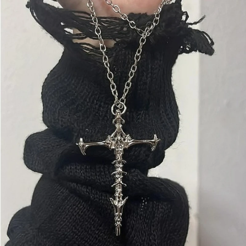 Dunkle Gothic Punk Stil Vintage Schädel Skelett Kreuz Anhänger Halskette Unisex Silber Schwarz Hip-Hop Kette Mode Schmuck Geschenke