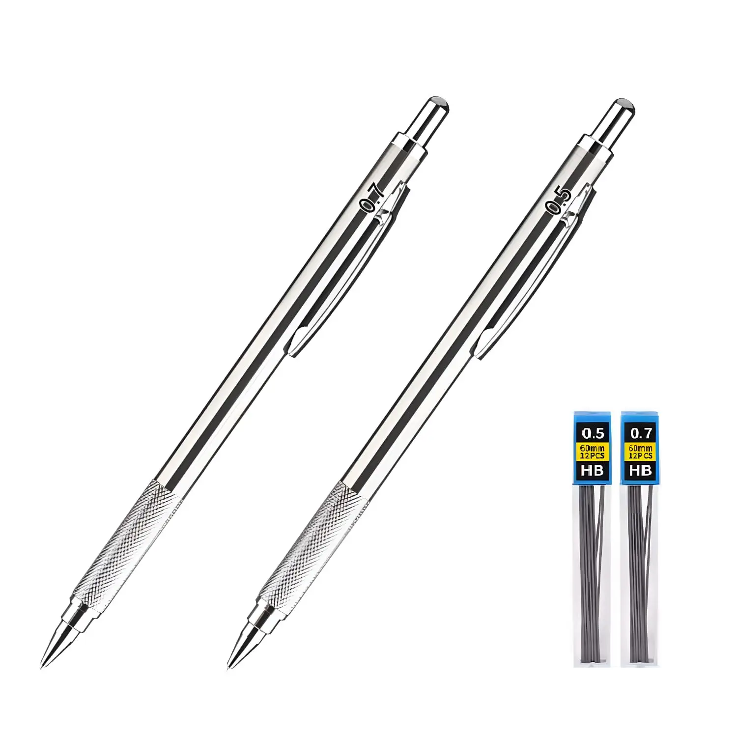 2 Stück Druckbleistifte aus Metall (0,5 und 0,7 mm) – Premium-Vollmetall, einziehbar, mit 12 Ersatzminen zum Schreiben/Skizzen/technisches Zeichnen Image