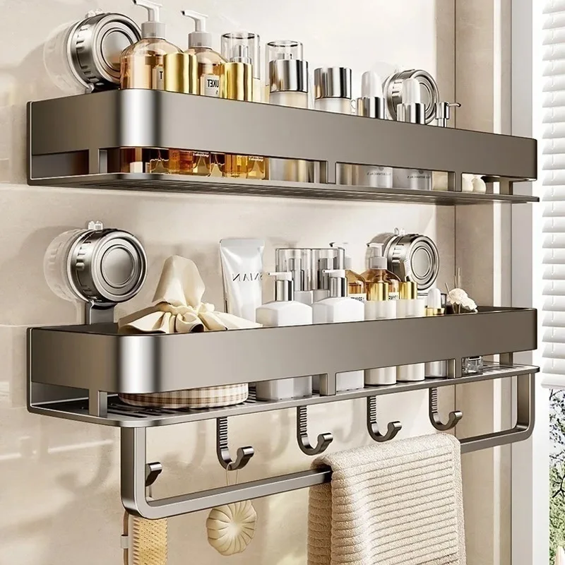 Support de salle de bain à ventouse sans poinçon, étagère de salle de bain, espace de toilette, support suspendu en aluminium, organisateur de salle de bains à accrocher au mur
