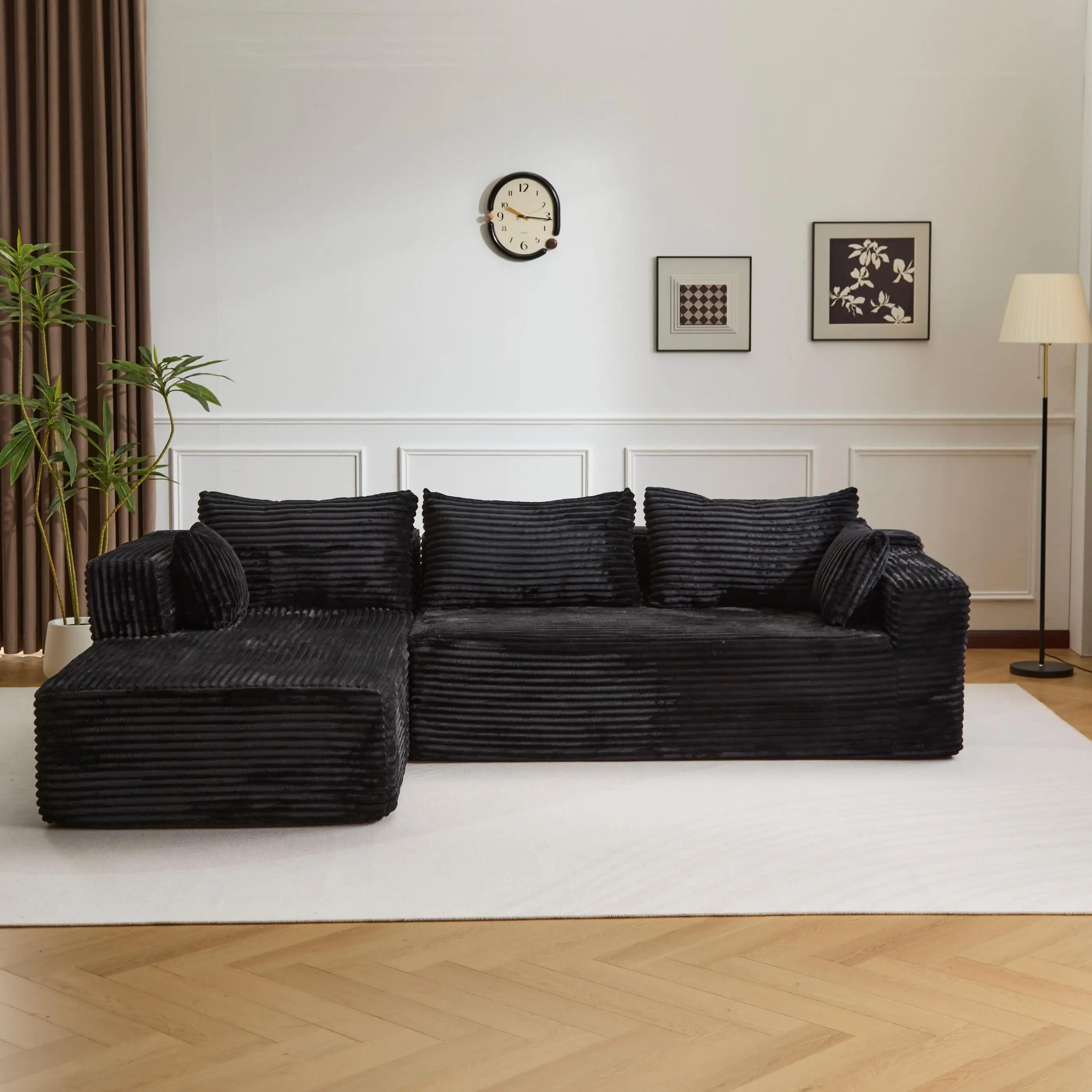 Schwarzes modernes komprimiertes Sofa, 3-Sitzer-L-förmiges Sofa mit Kissen, keine Montage erforderlich, tiefes Cordsofa für Wohnzimmer, Schlafzimmer