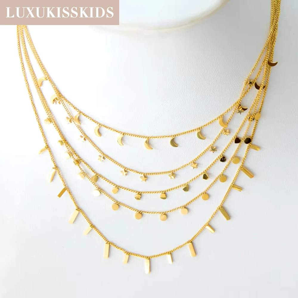 LUXUKISSKIDS Damen Collier биnaisрия Goldene Ketten Halsketten Böhmen Stern Herz Elegant Edelstahl Schmuck Trendy Image