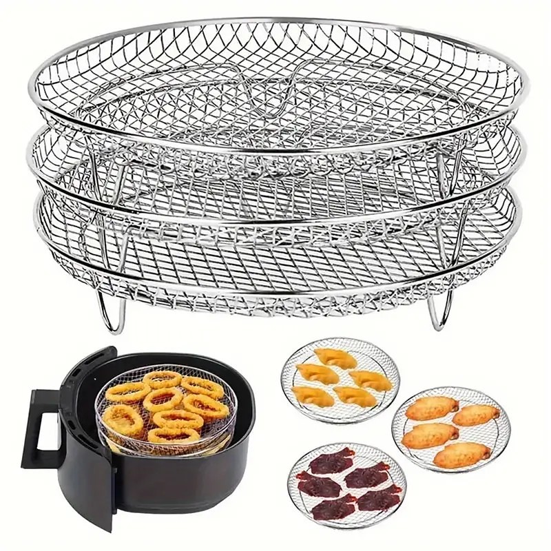 3-Tier Stainless Steel Air Fryer Accessory Set – Stackable Trays for Oven and Air Fryer, Dishwasher Safe, Ideal for Healthy Cooking, Holiday Baking, and Kitchen Essentials