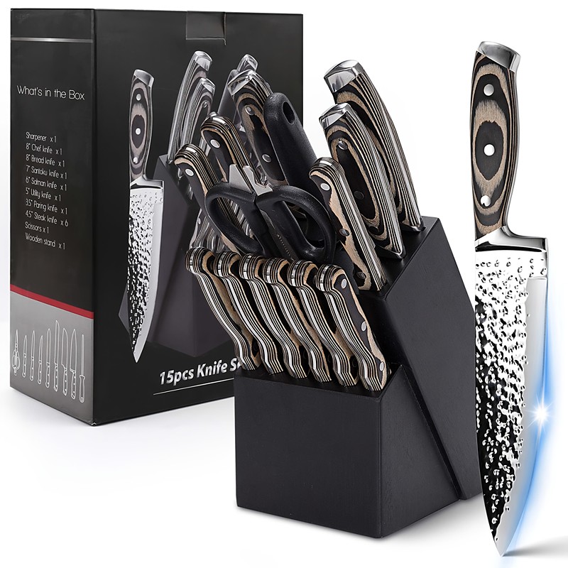 Kitchen Knife Set 15-Piece Medium Carbon Stainless Steel Kitchen Knives with Knife Block and Sharpening Tool Ultra-Sharp Hammerhead Knife Set with Triple-Riveted Wooden Handle Dishwasher Safe Esse