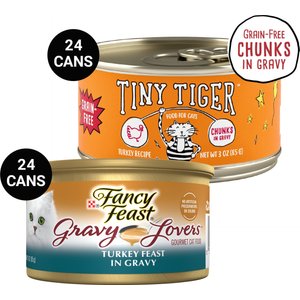 Tiny Tiger Chunks in Gravy Turkey Recipe Grain-Free Canned Cat Food, 3-oz, case of 24 + Fancy Feast Gravy Lovers Turkey Feast in Roasted Turkey Flavor Gravy Canned Cat Food, 3-oz, case of 24