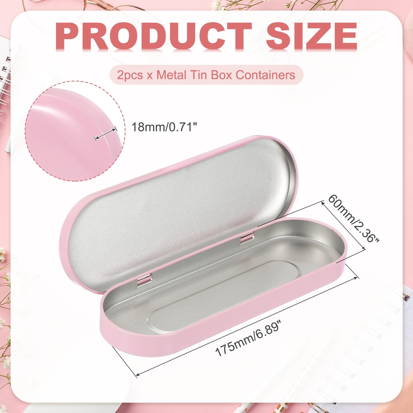 Metal Hinged Tins Box,Rectangular Empty Tin Box Portable Pencil Containers for Pen Makeup Brushes - 6.9x2.4x0.7 inch