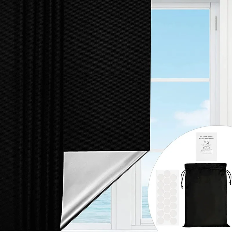 100 % Verdunkelungsvorhang, abnehmbar, tragbar, für Reisen, DIY, blockierende Fensterfolie für Wohnzimmer, Zuhause, nicht perforiert, ohne Bohren, schwarzes Tuch Image