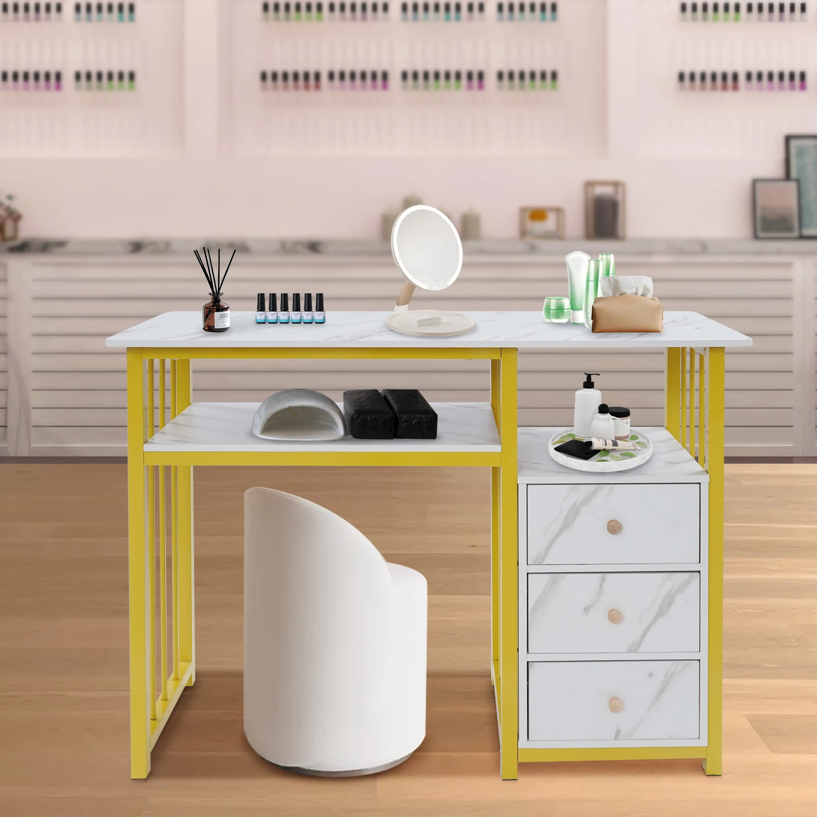 Nagelschreibtisch, Marmorstruktur, Maniküretisch mit 3 Schubladen für Wohnzimmer, Büros, Nagelstudios, Schönheitssalons usw. Image