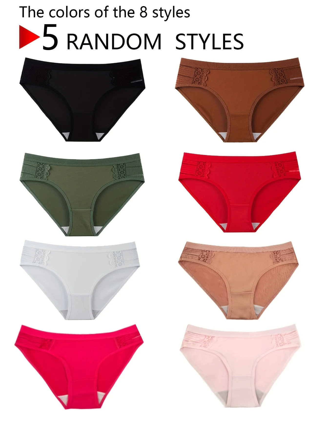 Zufällig ausgewählte 5 Paar bequeme und atmungsaktive Spitzen-Patchwork-Unterhosen, elastische Damen-Slips mit niedrigem Bund Image