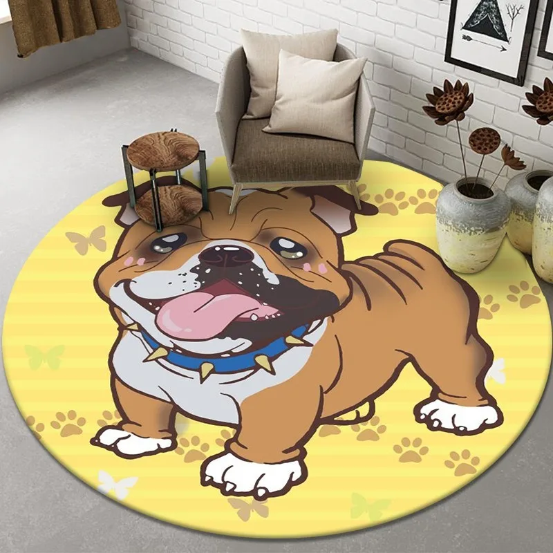 Gelber runder Teppich mit Cartoon-Bulldogge-Design, Teppich mit Pfotenabdruck und Schmetterlingsmuster für die Wohnzimmerdekoration Image