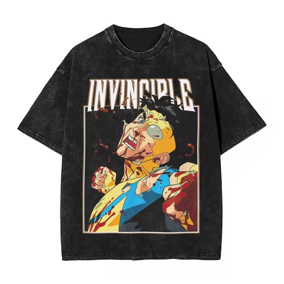 Vintage Washed Invincible Cartoon Shirt Harajuku Style for Men Women Pure High Quality Cotton T-Shirts Tee Clothing