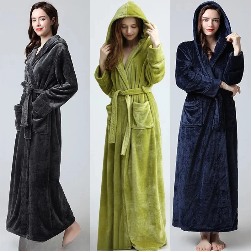 Extra langer Winter-Korallen-Fleece-Bademantel für Damen mit Kapuze, warmer Kimono-Bademantel, gemütlicher Kimono-Duschroben, lockeres Peignoirs-Nachthemd Image