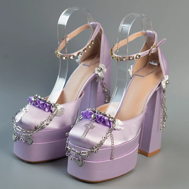 2024 neueste Metall kette rosa Sandalen 15cm High Heel Mode Lolita Spitze Satin Prinzessin Geburtstag Tanz Party Schuhe Größe 35-42