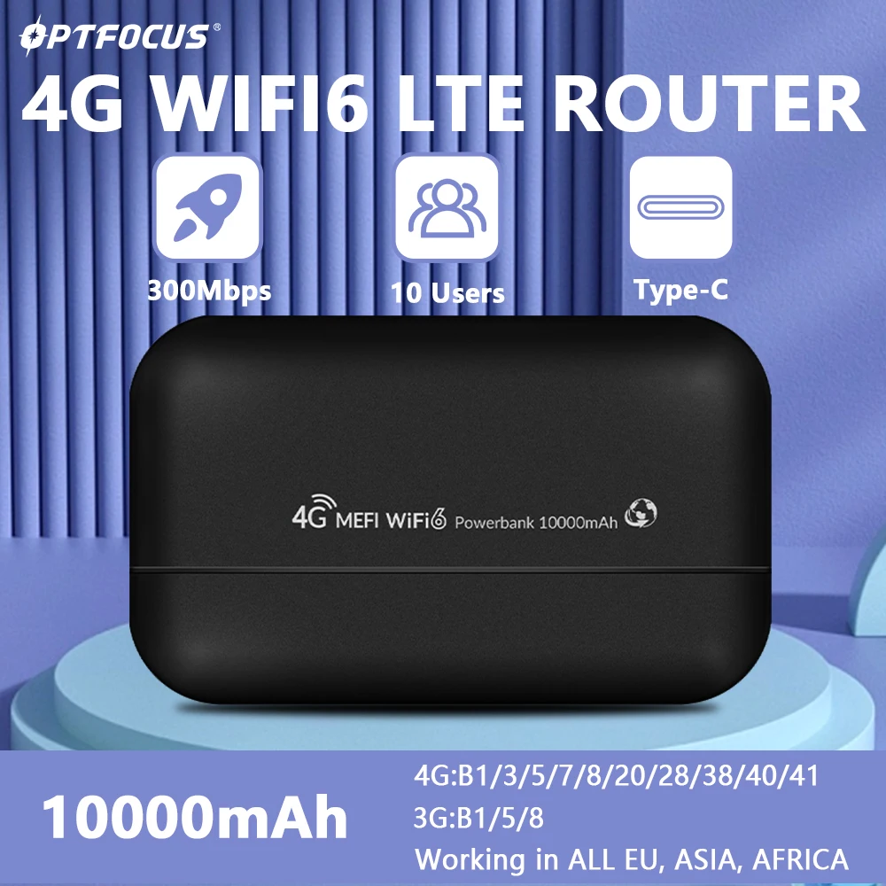 OPTFOCUS 4G WIFI routeur de poche Mobile 10000mAh 300Mbps MIFI WIFI6 Modem LTE routeur sans fil Hotspot extérieur avec emplacement pour carte Sim