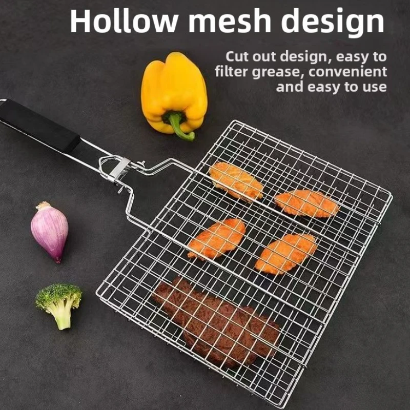 Grillkorb, zusammenklappbar, tragbar, Edelstahl, Grillkorb mit Griff für Fisch, Gemüse, Garnelen, Kochzubehör Image