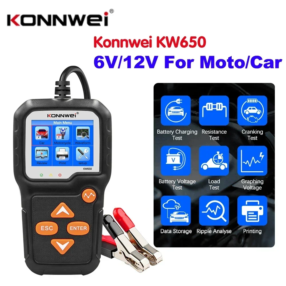 KONNWEI KW650 testeur de batterie de Moto de voiture 6V 12V analyseur de batterie automatique 100 à 2000 CCA outil de Test de charge de démarrage de voiture Moto