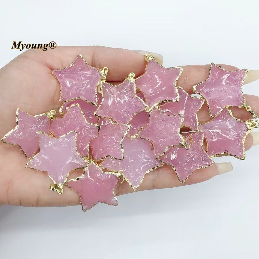 Ciondolo in vetro opale indiano rosa a forma di stella fatto a mano, collana con ciondolo in cristallo di vetro a forma di stella a cinque punte placc
