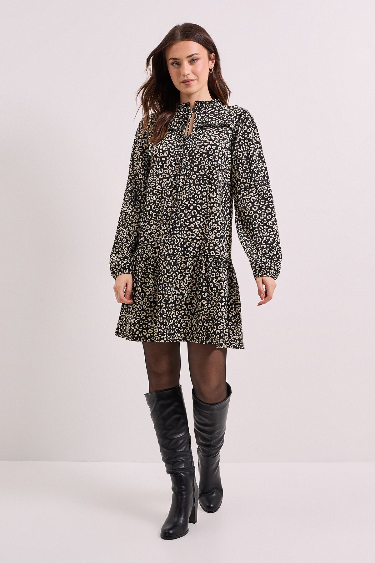 Dorothy Perkins Womens Mono Floral Tie Neck Tiered Smock Jersey Mini Dress - Monochrome Multi - Size 18 UK