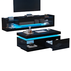OKWISH TV-Wandschrank-Set, schwarzer TV-Schrank + schwarzer Couchtisch, schwarzer Hochglanz-Wandschrank, Wohnzimmerset, Hochglanz-Set mit LED-Leuchten