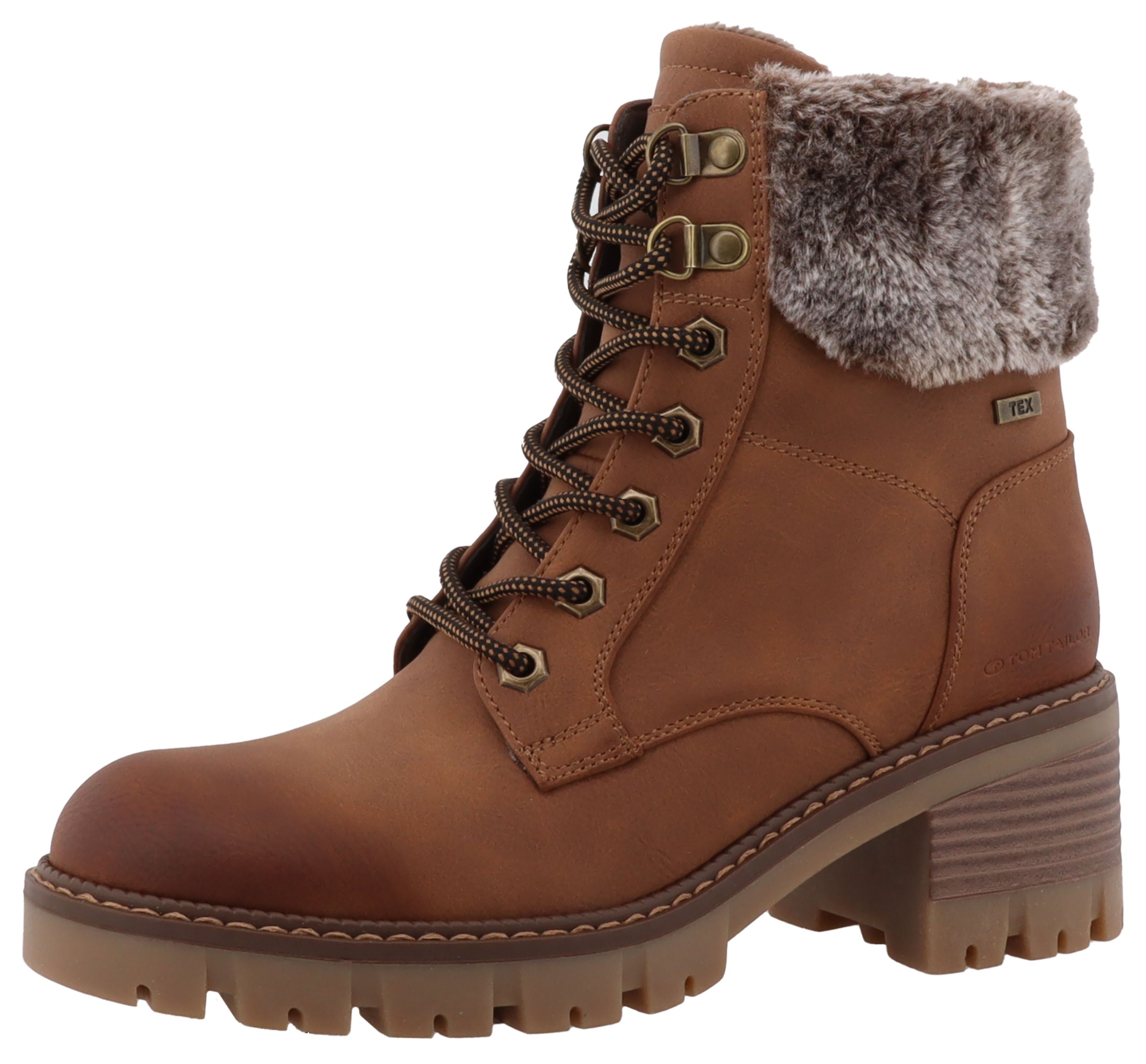 Winterstiefelette TOM TAILOR, Damen, Gr. 40, braun (cognac), Lederimitat, Textil, used, Schuhe Winterstiefelette, Workerboots, Plateaustiefelette mit Blockabsatz