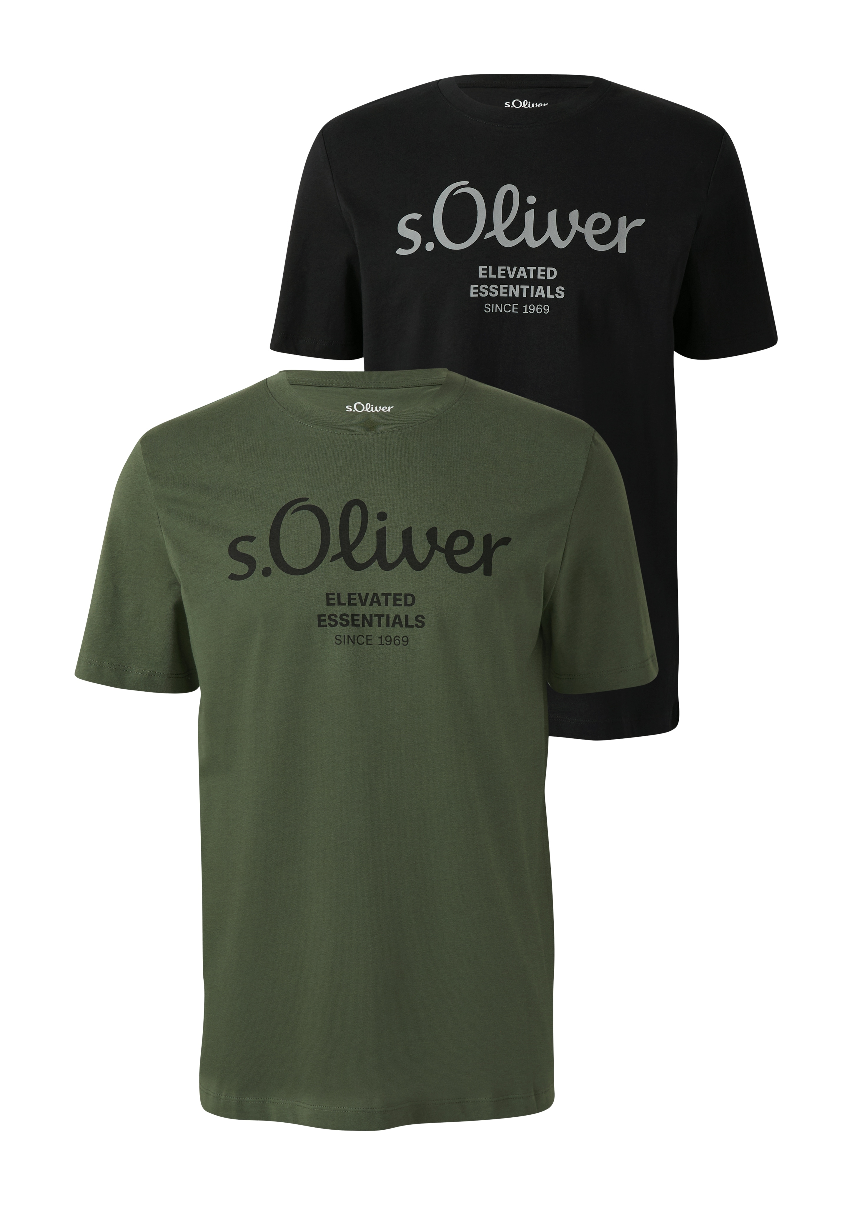 T-Shirt S.OLIVER, Herren, Gr. S, khaki, schwarz, Jersey, Obermaterial: 100% Baumwolle, bedruckt, normal hüftbedeckend, Rundhals, Shirts T-Shirt, mit großen Logo-Print, im 2er Pack